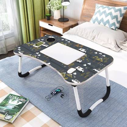 KAIZONE Foldable Laptop Table with Cup Holder | Mac Holder | Study Table Rounded Edges Wood Portable Laptop Table