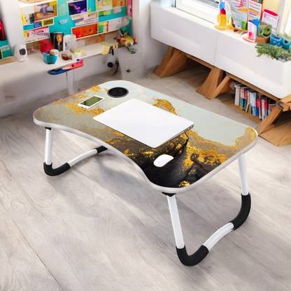 MITHILA Foldable Laptop Table with Cup Holder | Mac Holder | Study Table Rounded Edges Wood Portable Laptop Table