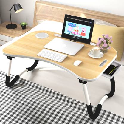 StarAndDaisy Multi-Purpose Foldable Molded Wood Pattern Laptop Bed Table with Storage Drawer Wood Portable Laptop Table