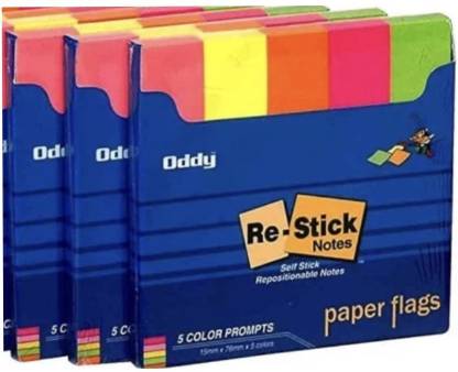 Oddy 5 Color Re-stick Paper Flags/Prompts, Pack of 3 Sticky Notes 50 Sheets Paper Flags/Prompts, 5 Colors