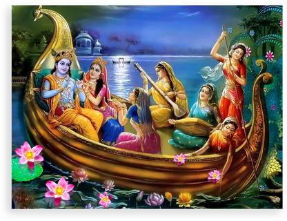 Hindu God Shri Krishna And Radha With Gopis Photo Poster With Uv Textured 0110 Fine Art Print