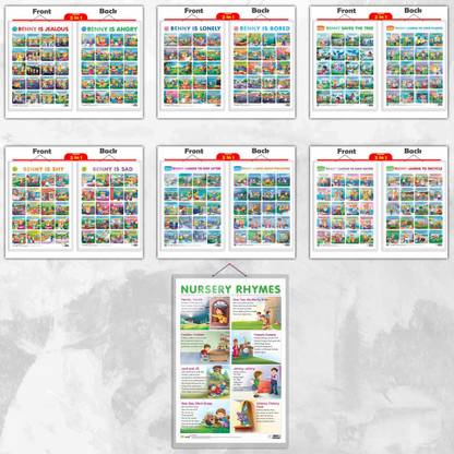 2 IN 1 STORY CHART BENNY IS ANGRY AND BENNY IS JEALOUS, 2 IN 1 STORY CHART BENNY IS BORED AND BENNY IS LONELY, 2 IN 1 STORY CHART BENNY IS SAD AND BENNY IS SHY, 2 IN 1 STORY CHART BENNY LEARNS TO LOVE PLANTS AND BENNY SAVES THE TREE, 2 IN 1 STORY CHART BENNY LEARNS ABOUT POLLUTION AND BENNY LEARNS NOT TO LITTER, 2 IN 1 STORY CHART BENNY LEARNS TO RECYCLE AND BENNY TEACHES TO SAVE WATER and NURSERY RHYMES Chart | Combo of 7 Charts | Benny's Emotional and Environmental Stories Paper Print