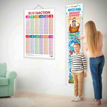 SUBTRACTION CHART and OCEAN HEIGHT CHART | Set of 2 Charts 1 Educational + 1 Height Chart | A Perfect Combo for Subtraction Skills and Height Tracking Paper Print