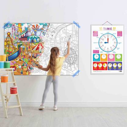 TIME and GIANT AMUSEMENT PARK COLOURING POSTER | Combo of 1 Chart & 1 Poster | A Giant Amusement Park Coloring Adventure Paper Print