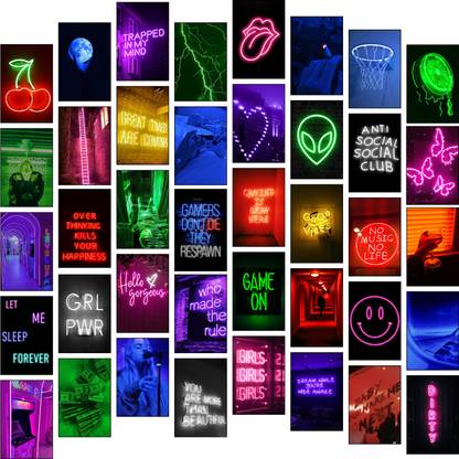 Neon Aesthetic Wall Collage Kit || 40 Unique Poster Set + Free Tape, 4x6in Each, Posters: Dorm, Hostel Essential, Aesthetic Room Decor Photographic Paper