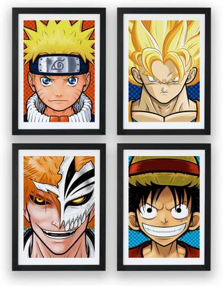 set of 4 anime wall poster of big 4 anime dragoball z,naruto,bleach,onepiece poster with frame (size_13x9.8 inch). Paper Print