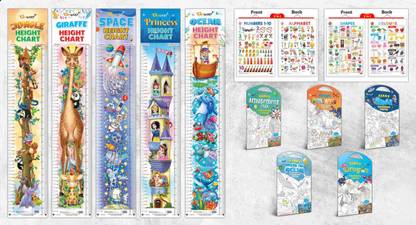 2 IN 1 ALPHABET AND NUMBER 1-10, 2 IN 1 COLOURS AND SHAPES, PRINCESS HEIGHT CHART, OCEAN HEIGHT CHART, JUNGLE HEIGHT CHART, GIRAFFE HEIGHT CHART, SPACE HEIGHT CHART, GIANT AMUSEMENT PARK COLOURING POSTER, GIANT SPACE COLOURING POSTER, GIANT UNDER THE OCEAN COLOURING POSTER, GIANT DRAGON COLOURING POSTER and GIANT DINOSAUR COLOURING POSTER| set of 2 hard laminated charts , 5 height charts and 5 coloring poster |Learning, Growing, and Creating with Gowoo Paper Print