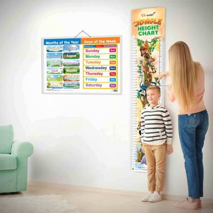 MONTHS OF THE YEAR AND DAYS OF THE WEEK CHART and JUNGLE HEIGHT CHART | Set of 2 charts 1 Educational + 1 Height Chart | A Dynamic Combo of Months & Days Name Chart and Jungle Height Chart for Kids Paper Print