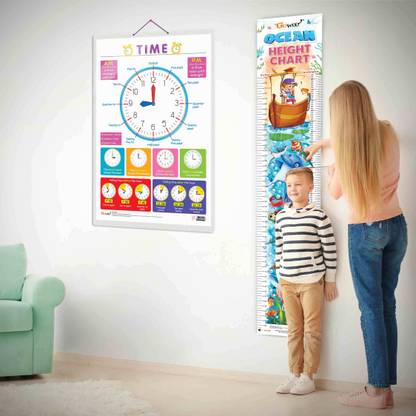 TIME CHART and OCEAN HEIGHT CHART | Set of 2 charts 1 Educational + 1 Height Chart | A Fun Combo of Time Chart Adventure and Ocean Height Chart for Kids Paper Print
