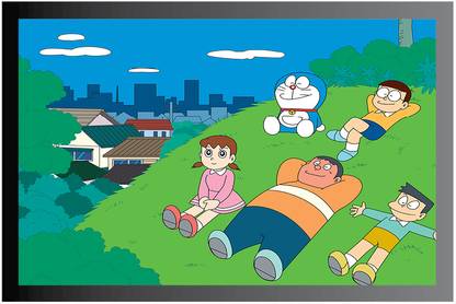 Doraemon Cartoon Poster with Frame Gloss Lamination M10 Paper Print