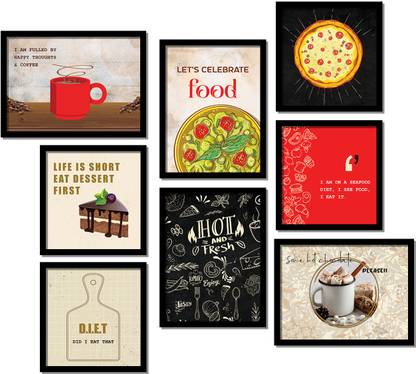 Kitchen Quotes Frames - KItchen Wall Decor - Wall Posters with Frame for Bar Restaurant Kitchen Wall Frames Set of 8 Design08 Paper Print