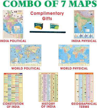 India & World Map (Both Political & Physical) with Constitution of India,Indian History & Geographical Terms Chart With Complimentary Gift| Set Of 7|Useful for UPSC and other competitive exam preparation Paper Print