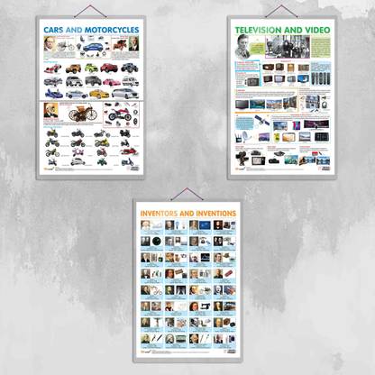 INVENTORS AND INVENTIONS, TELEVISION AND VIDEO and CARS AND MOTORCYCLE Chart | Combo of 3 Charts | Innovations in Technology Paper Print