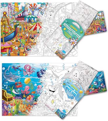 GIANT AMUSEMENT PARK COLOURING Charts and GIANT UNDER THE OCEAN COLOURING Charts | Set of 2 Charts I Intricate coloring Charts Paper Print