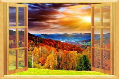 The creative solution beautiful hut picture window wallpaper with digital print Size 30"x20" Canvas Art