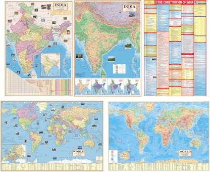 (COMBO OF 5 INDIA & WORLD English MAPS) INDIA & WORLD (Both Political & Physical) CONSTITUTION OF INDIA CHART | English Maps Set of 5 | Map Size (40inch * 28inch & 23*36) | Paper Print | Best Useful for UPSC, SSC, IES and other competitive Exams. Paper Print