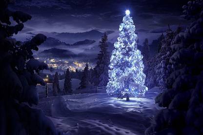 christmas night landscape christmas tree Poster, Wallpaper Paper Print