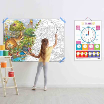 TIME and GIANT DINOSAUR COLOURING POSTER | Combo of 1 Chart & 1 Poster | Time Travelers & Dino Quest Paper Print