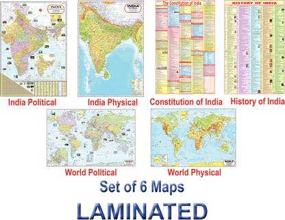 India & World Map ( Both Political & Physical ) with Constitution of India Chart | LAMINATED SET OF 6 Photographic Paper