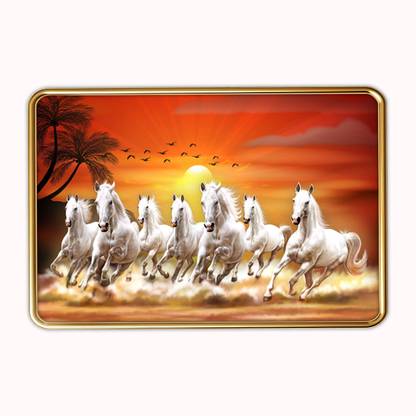 Vastu Seven Running Horses Painting Vinyl Sparkle Coated Home Decorative Gift Item with Synthetic Frame Fine Art Print