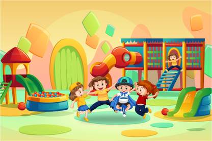 Kids playground in park with scene kids playing 3D Poster