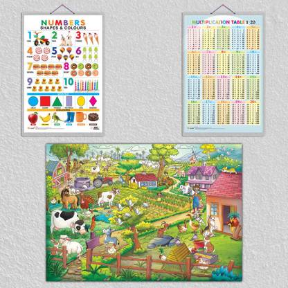 GIANT AT THE FARM COLOURING POSTER, Multiplication Table 1-20 and Numbers, Shapes & Colours|set of 1 colouring poster and 2 hard laminated charts|fun and Interactive combo of GIANT AT THE FARM COLOURING POSTER, Multiplication Table 1-20 and Numbers, Shapes & Colours Paper Print