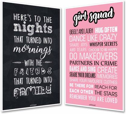 Combo Set of 2 Hostel Girl Squad Quotes Poster | Motivational Funny Quotes for Students Home (12x18 inches, Multicolor, 2 Prints Set, Unframed) Fine Art Print