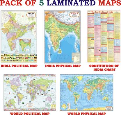 India & World Map ( Both Political & Physical ) with Constitution of India Chart | LAMINATED SET OF 5 Photographic Paper