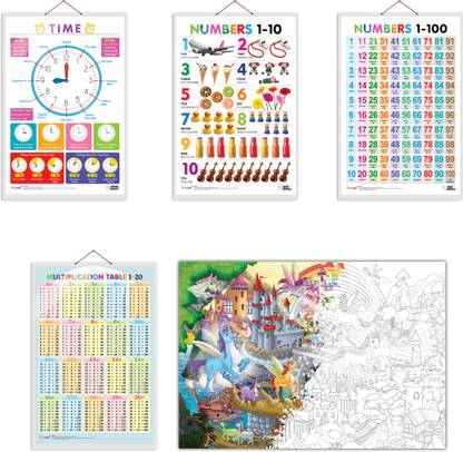 GIANT UNICORN COLOURING POSTER, TIME, Numbers 1-10, Numbers 1-100 and Multiplication Table 1-20 charts | combo of 1 coloring poster and 4 charts | Unicorn's Magical Learning Journey: GIANT Colouring Poster for Time, Numbers 1-10, and Multiplication Table 1-20 Paper Print