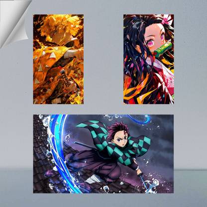 VIRGIN ARTS | COMBO SET OF ZENITSU AGATSUMA, TANJIRO KAMADO AND NEZUKO KAMADO FRAME | DEMON SLAYER DIGITAL ART | ANIME | SET OF 2 A4 AND 1 A3 300 GSM FRAMED POSTER FOR WALL Photographic Paper