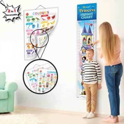 2 IN 1 COLOURS AND SHAPES and PRINCESS HEIGHT CHART | Set of 2 charts 1 Educational + 1 Height Chart | Coloring fun with princess Paper Print