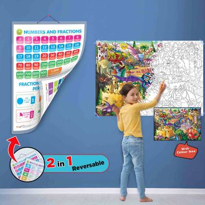 2 IN 1 NUMBER & FRACTIONS AND MATHS KEYWORDS CHART and GIANT DRAGON COLOURING POSTER | SET OF 1 CHART and 1 POSTER | Math and Dragon Adventure Combo: 2 in 1 Number & Fractions + Giant Dragon Colouring Poster for Kids. Paper Print