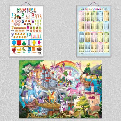 GIANT UNICORN COLOURING POSTER, Multiplication Table 1-20 chart and Numbers, Shapes & Colours chart | combo of 1 poster and 2 charts |"Numbers, Shapes & Multiplication Chart" Paper Print