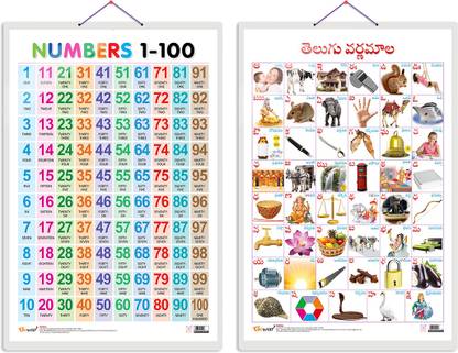 Set of 2 Numbers 1-100 and Telugu Alphabet?(Telugu) Early Learning Educational Charts for Kids | 20"X30" inch |Non-Tearable and Waterproof | Double Sided Laminated | Perfect for Homeschooling, Kindergarten and Nursery Students Paper Print