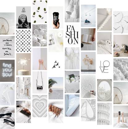 White Aesthetic Wall Collage Kit for Room Decor | Set of 40 Aesthetic Posters | 300 GSM Water Resistant Paper | Size 4x6 Inch | Unframed | Comes With Double Sided Tape Photographic Paper