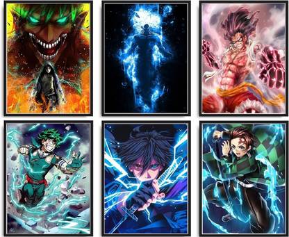 Japanese Anime Poster Pack – My Hero Academia, One Piece, Demon Slayer Canvas Prints for Wall Art – Living Room & Bedroom Decor (Set of 6, Unframed) Fine Art Print