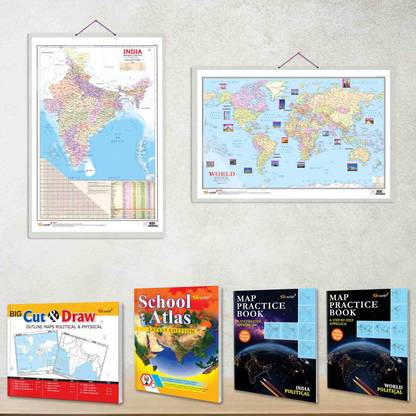 India POLITICAL - MAP PRACTICE BOOK, WORLD POLITICAL - MAP PRACTICE BOOK, BIG CUT & DRAW OUTLINE MAPS POLITICAL & PHYSICAL, Indian Road Guide & Political Map, World Political Map and SCHOOL ATLAS LATEST EDITION (ENGLISH) - ART PAPER | Pack of 3 Book + 2 Chart + 1 Atlas | Discovering Geography Set: India and World Political Map Practice, Cut & Draw Maps, Road Guide, Atlas, and chart Paper Print