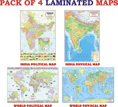 India & World Map ( Both Political & Physical ) | LAMINATED SET OF 4 Photographic Paper