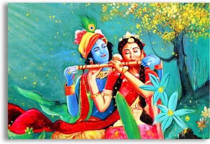 Shri Radha Krishna Playing Fluet Canvas Design Painting Poster HD God Religious Poster For Pooja Room Office Decor Poster Fine Art Print