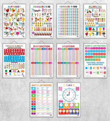 Alphabet, Numbers 1-10, Numbers 1-100, Numbers, Shapes & Colours, Alphabet, Numbers, Shapes & Colours, SUBTRACTION, ADDITION, NUMBERS AND FRACTIONS, MATHS KEYWORDS and TIME| Set of 10 hard laminated charts |Diverse Learning Aids for Language and Math Paper Print