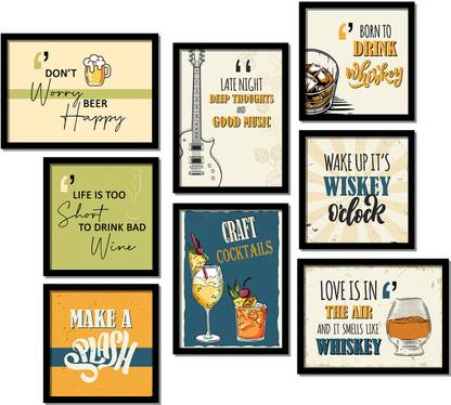 Bar Quotes Frames - KItchen Wall Decor - Wall Posters with Frame for Bar Restaurant Kitchen Wall Frames Set of 8 Design04 Paper Print