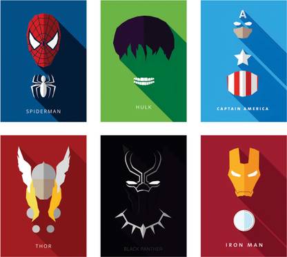 Pack of 6 - Marvel Superhero Art Wall Posters 8x12 inch (A4 Size) Included Glue dots Wall Decor Posters Wall Art For Bedroom, Living room, Office Fine Art Print