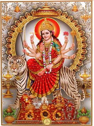 Durga Ma with Vishno Devi Big Size Thick Paper Golden Glitter Print Wall Poster for Drawing Room, Temple and Office Room Paper Print