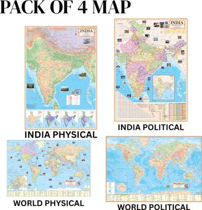 (COMBO OF 4 MAPS) India & World Map English (Both Political & Physical)| Set Of 4| All Map Paper Print| Best Useful for UPSC, SSC, IES and other competitive Exams. Paper Print