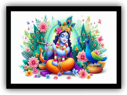 God Krishna Religious Poster With Frame Size 9x13 Inches H-493 Paper Print