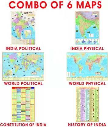 (COMBO OF 6 MAPS/CHARTS) INDIAN Constitution Map & History of India Map With India & World Map (Both Political & Physical)| Set Of 6| Map Size (40 * 28) (23 * 36)|Paper Mint| Best Useful for UPSC, SSC, IES and other Competitive Exams. (All English Maps) Paper Print (40 inch X 28 inch, Maps98730-pk-6) Paper Print