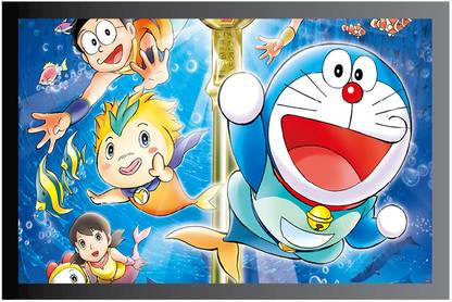 Doraemon Cartoon Poster with Frame Gloss Lamination M1 Paper Print