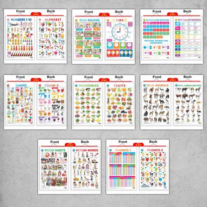 2 IN 1 DAILY ROUTINE AND TIME, 2 IN 1 ALPHABET AND NUMBER 1-10, 2 IN 1 NUMBER & FRACTIONS AND MATHS KEYWORDS, 2 IN 1 COLOURS AND SHAPES, 2 IN 1 FRUITS AND VEGETABLES, 2 IN 1 WILD AND FARM ANIMALS & PETS, 2 IN 1 GOOD HABITS AND ACTION WORDS and 2 IN 1 PHONICS 1 AND PHONICS 2 | 8 combos of hard laminated charts | Double the Fun: Daily Routine, Alphabet, Numbers, Math, Colors, Shapes, Fruits, Animals, Habits, Phonics! Paper Print