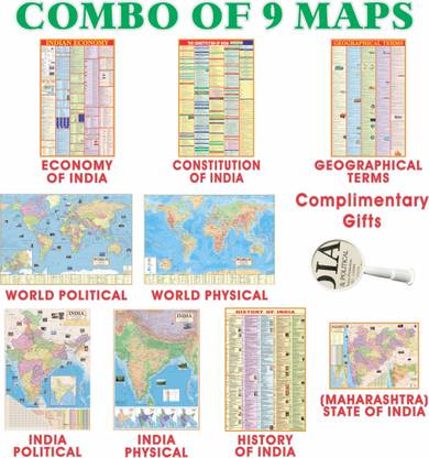 India & World Map (Both Political & Physical) Maharashtra with Constitution of India , Indian History , Indian Economy & Geographical Terms Chart With Complimentary Gift|Maps Size: (40 X 28 inch) (23 X 36 inch)| Set Of 9 | Useful for UPSC and other competitive exam preparation Paper Print