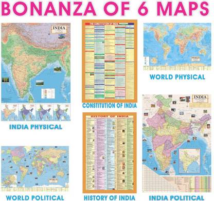 INDIA & WORLD ENGLISH MAPS (Both Political & Physical) Constitution & History of India Chart|Pack of Set Of 6 | Map Size (40*28 Inch) Paper Print Paper Print